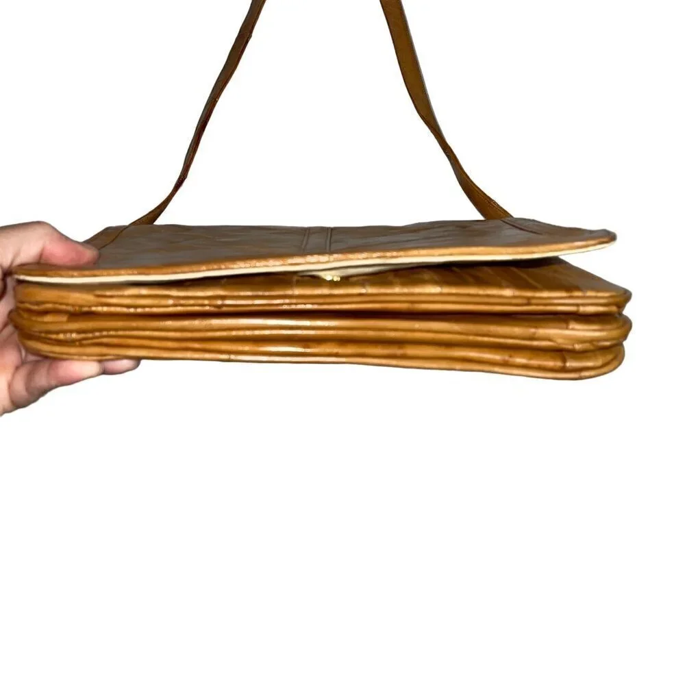 Vintage Womens Clutch Shoulder Bag Tan Eel Skin Convertible Detachable Strap